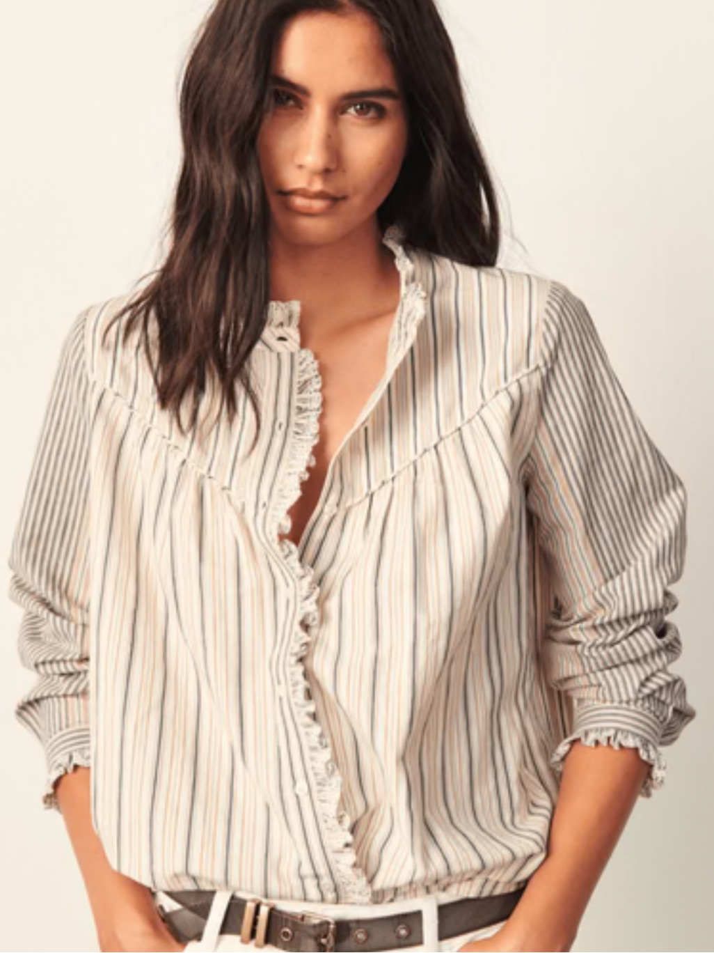 Ba&Sh Striped Ruffle-Trim Button Front Top White/Beige/Blue Size Medium